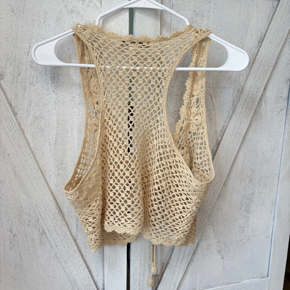 Twenty One Boho Crochet Open Front Vest Vest Top Women’s Size Large Beige - Picture 2 of 6